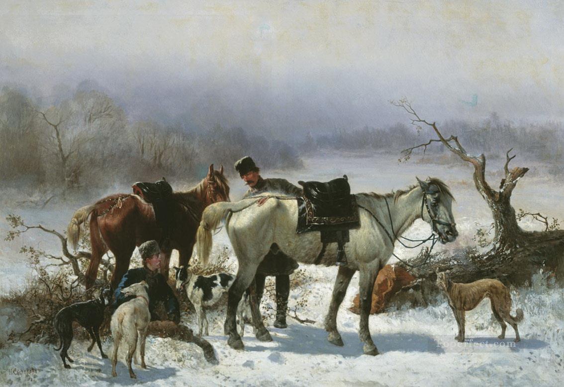 hunt horses and dogs in winter Oil Paintings